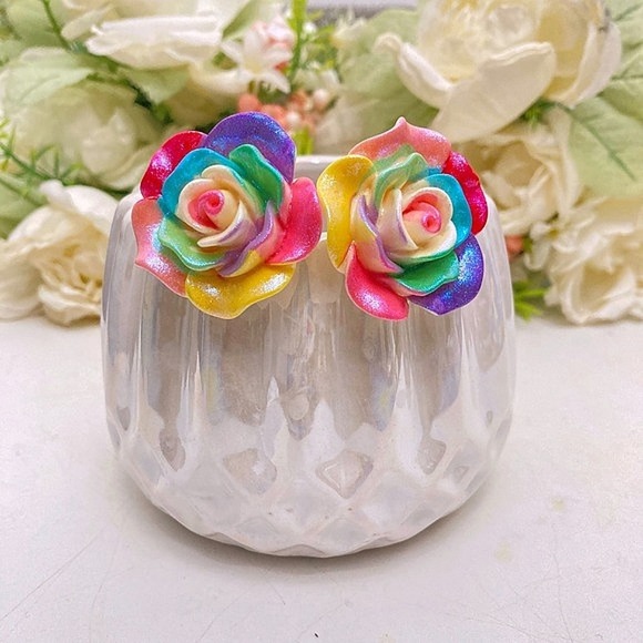 Flower rainbow Rose stud statement earrings Boho multicolor acrylic 💖 - Picture 16 of 17